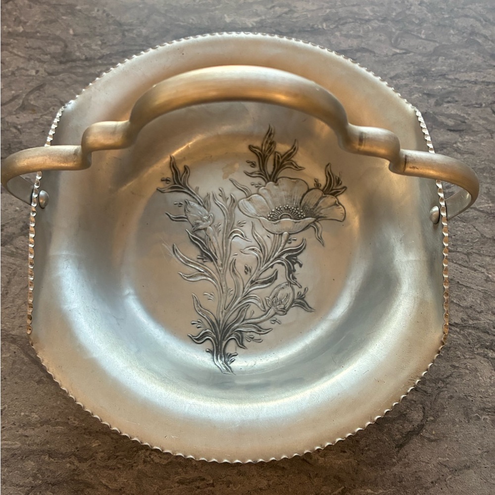 Hand‑Forged Aluminum Dish • Floral Engraved • Scalloped Beaded Rim